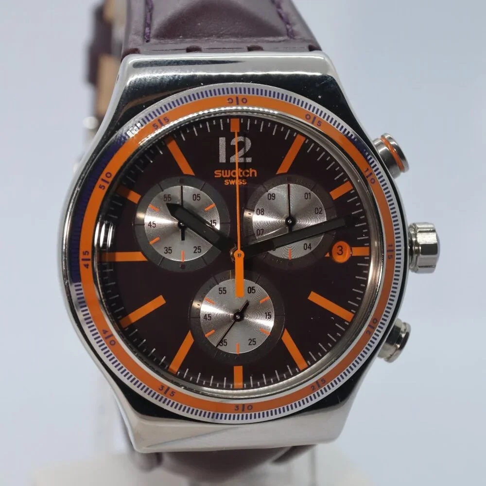 NEW Swatch Irony PRISONER Chronograph Dark Purple Leather Men's Watch YVS413 43M